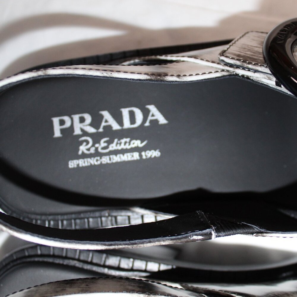 NWB PRADA Brushed Leather Slingback Buckle Black Print Sandals 39.5 - Picture 5 of 9